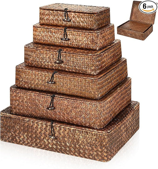 6 Pcs Seagrass Storage Baskets with Lid Large Wicker Decorative Storage Baskets Stackable Boxes Woven Rectangular Rattan Storage Bins Shelf Baskets Organizer for Closet Bedroom, Coffee