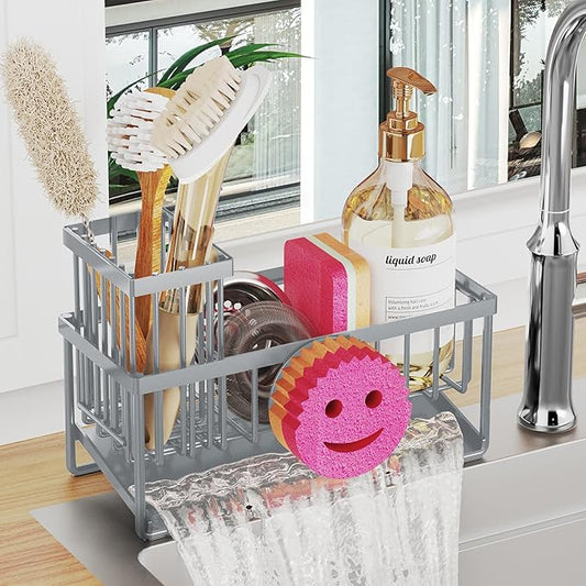 Sponge Holder for Kitchen Sink,Smiley Face Sink Caddy with Removable Brush Holder,Self-Draining Sponge Caddy for Sponge,Soap,Dish Brush,Scrubber,Kitchen Essentials and Gadgets-Gray
