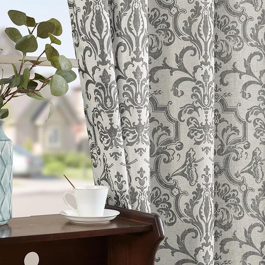 Jinchan Linen Curtains for Bedroom and Living Room - Grey Damask Patterned, 90 Inches Long, Light Filtering, Vintage Baroque Style Drapes With Grommets - 2 Panels Set