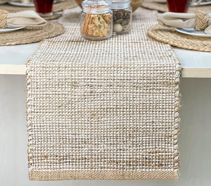 Chardin home Natural Jute Table Runner - 13x72 Inch, Rustic Farmhouse Style - Colors: Natural Jute and Ivory