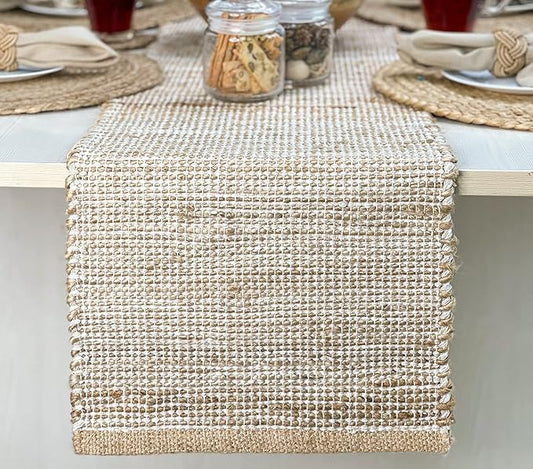 Chardin home Natural Jute Table Runner - 13x72 Inch, Rustic Farmhouse Style - Colors: Natural Jute and Ivory