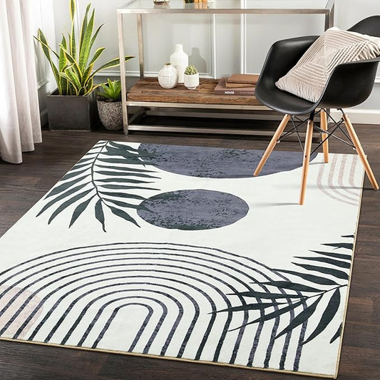 RoomTalks Mid Century Modern Living Room Rug Washable 5x7 Rug, Black Boho Cute Aesthetic Area Rugs Carpet for Bedroom Dining Room Office, Vintage Abstract Leaves Thin Indoor Entryway Rug Carpet