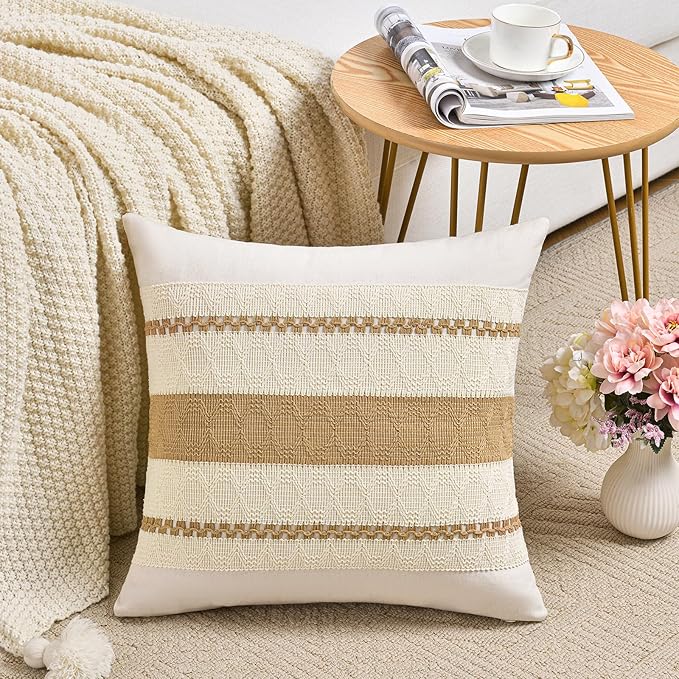 Fancy Homi Set of 2 Tan Neutral Decorative Throw Pillow Cover 16x16 Inch for Couch Bed Sofa, Aesthetic Modern Organic Farmhouse Boho Home Decor, Soft Cotton Cute Accent Macrame Woven Cushion Case