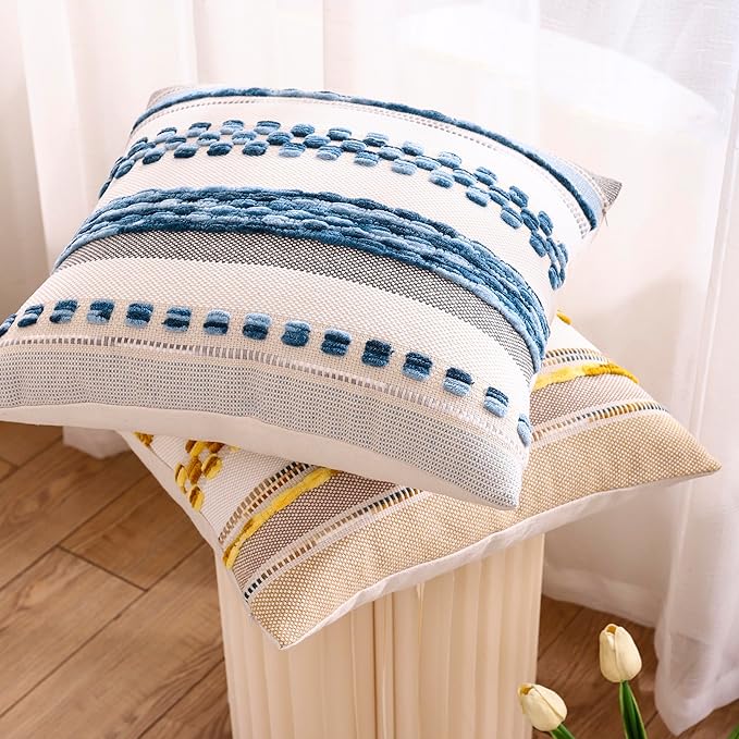 Tosleo Boho Throw Pillow Covers 18x18 Set of 2 Striped Decorative Pillow Cases Accent Chenille Pillowcases Farmhouse Cushion Case Bohemian Nuetral Textured Coastal Pillow Cover,Sky Blue