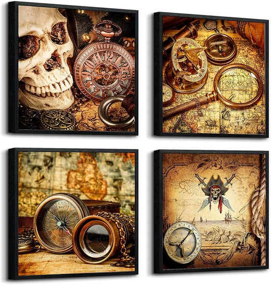 hyidecorart Black Framed Wall Art For Living Room Office Wall Decor Pictures Pirate Ship Compass Restoring Ancient Ways Wall Painting Prints Artwork Bedroom Decor Dormitory Room Home Decor 4 Piece