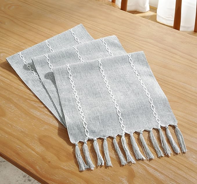 Chassic Rustic Farmhouse Style Linen Table Runner, Boho Handmade Tassel Embroidery Table Runners 72 Inches Long for Holiday Party, Dresser and Dining Decorations, 13 x 72 inch - Light Grey