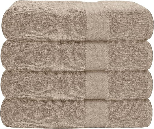 GLAMBURG Premium Cotton 4 Pack Bath Towel Set - 100% Pure Cotton - 4 Bath Towels 27x54 - Ideal for Everyday use - Ultra Soft & Highly Absorbent - Tan