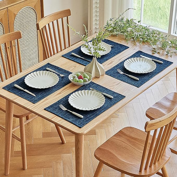 Softalker Faux Linen Placemats Set of 6-12 x 18 Inch, Heat Resistant Double Layered Durable Burlap Farmhouse Place Mats, Non-Slip Washable Rustic Table Mats for Dining, Kitchen, Party（Navy Blue