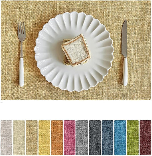 Softalker Faux Linen Placemats Set of 12-12 x 18 Inch, Heat Resistant Double Layered Durable Burlap Farmhouse Place Mats, Non-Slip Washable Rustic Table Mats for Dining, Kitchen, Party（Khaki