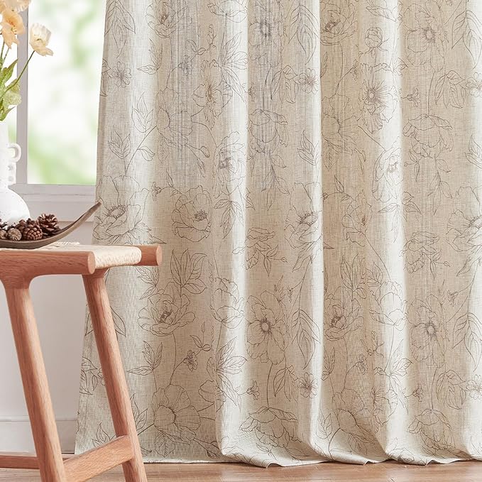 jinchan Linen Floral Curtains for Living Room 84 Inch Length Taupe Flower Curtain Rod Pocket Back Tab Farmhouse Curtains with Printed Floral Bedroom Window Curtain Set, 2 Panels Taupe