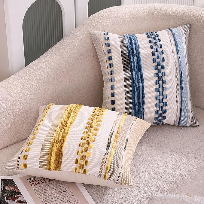 Tosleo Decorative Throw Pillow Covers 18x18 Set of 2 Boho Chenille Tufted Pillow Cover Textured Pillow Covers Striped Pillowcases Accent Pillow Cases Farmhouse Cushion Case for Sofa Couch,Yellow