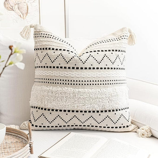 Decorative Throw Pillow Cover 20x20 Square Boho Black Neutral White Accent Pillowcase Tassels Farmhouse Cushion for Couch Sofa Bedroom Living Room Home Décor (Cover ONLY, Pack of 1)