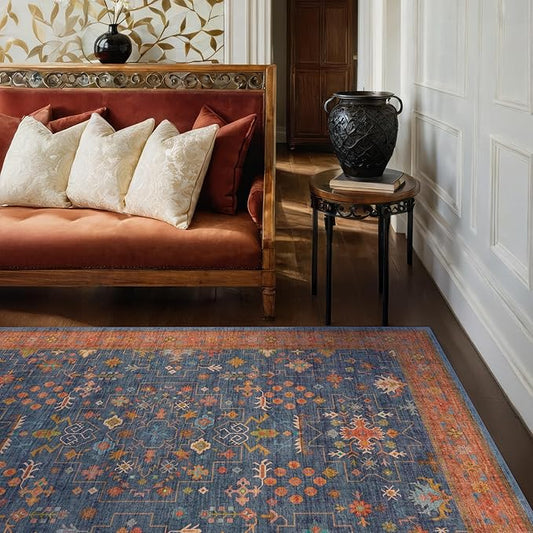 Dark Blue & Terracotta 5x8 Living Room Rug - Machine Washable Area Rugs for Bedroom, Dining Room, Kitchen Floor, Small Office, Low Pile Non-Slip Rubber Backing & Stain Resistance
