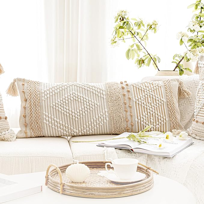 Cream Decorative Lumbar Throw Pillow Cover 14x36 Boho Long Cushion for Bed Neutral Beige White Accent Modern Farmhouse Pillowcase for Bedroom Living Room Couch Sofa Home Décor Cover ONLY