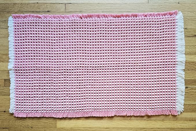 Upgraded Waffle Bath Mat – Ultra Soft, Super Absorbent & Non-Slip Rug with Tassels, Machine Washable, Rubber Backed for Bathroom, Hallway Runner, Kitchen and More (Pink, 18" X 30")