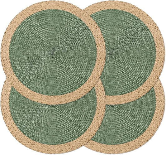Noctiflorous Round Braided Placemats Set of 4 Table Mats 15 Inches Washable Heat Resistant for Dining Table Non-Slip Indoor Outdoor Place Mats for Thanksgiving Christmas Easter(Green Wide Edge 4)