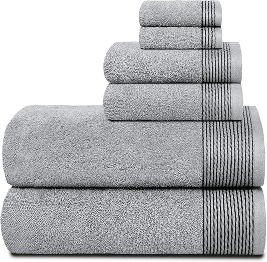 Belizzi Home 100% Cotton Ultra Soft 6 Pack Towel Set, Contains 2 Bath Towels 28x55 inchs, 2 Hand Towels 16x24 inchs & 2 Washcloths 12x12 inchs, Compact Lightweight & Highly Absorbant - Light Grey