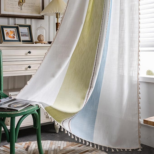 Sutuo Home Boho Curtains 108 inches for Bedroom Dining Room,Light-Filtering Country Tassels Window Treatment Bohemian Embroidery Xams Drape, Rod Pocket 1 Panel 52" W x 108" L, Green Blue Striped Linen