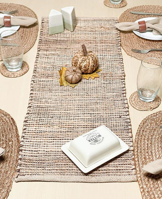 Chardin Home Natural Jute Table Runner 13x48 Inch – Vintage Boho Rustic Table Decor – Handwoven Jute Table Runner in Natural and Brown – Farmhouse Dining or Console Table Accent