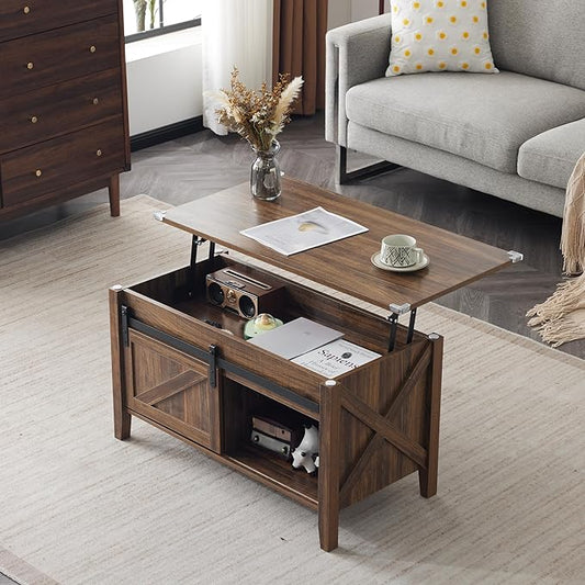 VINGLI Espresso Lift Top Coffee Table, 36" Small Farmhouse Barn Door Coffee Table with Storage, Rectangular Center Wood Coffe Table with Lifting Top, Lift Up Living Room Tables with Hidden Compartment