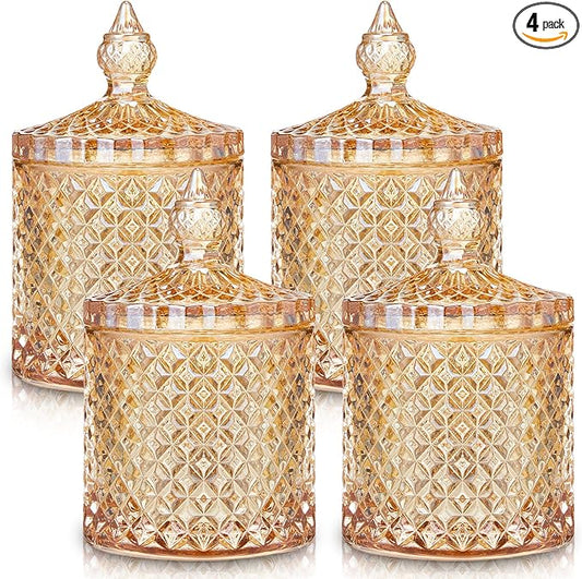 Aoriher 4 Pcs Crystal Glass Candy Jar Set with Lids Home Decorative Storage Jars for Apothecary, Bathroom, Kitchen, and Pantry, Ideal for Cotton Swabs and Jewelry(Medium,Amber)