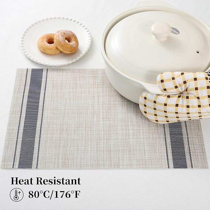 Leetaltree Khaki-Blue Placemats, Heat Resistant Non-Slip Place mats for Dining Table, Washable Durable PVC Vinyl Woven Table Mats (Set of 12)