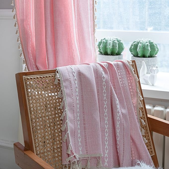 Sutuo Home Boho Curtain for Bedroom Living Room Nursery Kitchen, Light Filtering Country Farmhouse Vintage Chic Tassels Hollow Window Treatment Bohemian Drape, 1 Panel 52" W x 96" L, Pink