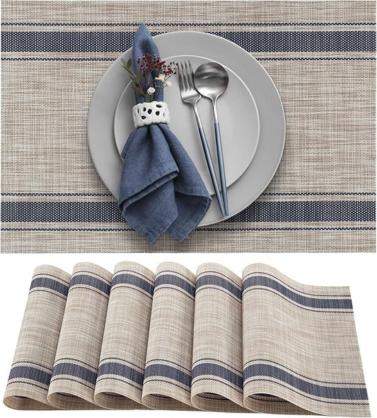 More Décor Dining Table Placemats, Washable Heat-Resistant PVC Vinyl Table Mats for Dining Room and Kitchen, Anti-Slip - Set of 6 - Horizontal Striped Blue - Grey
