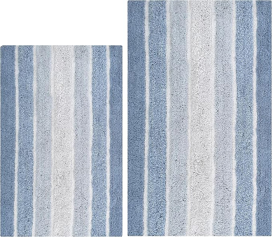 Bathroom Rugs Set 2 Piece Blue Alpine Stripe Reversible Cotton Bath Mats for Bathroom Floor |Quick Dry Bath Mat for Tub Spa Shower|Living Room Entry Way Door Mats |21x32 & 17x24 Inches