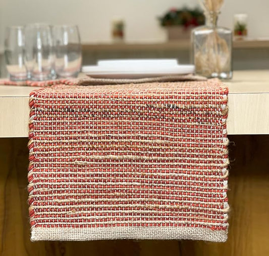Chardin Home Natural Jute Table Runner 13x90 Inch – Vintage Boho Rustic Table Decor – Handwoven Jute Table Runner in Natural and Rust Orange – Farmhouse Dining or Console Table Accent