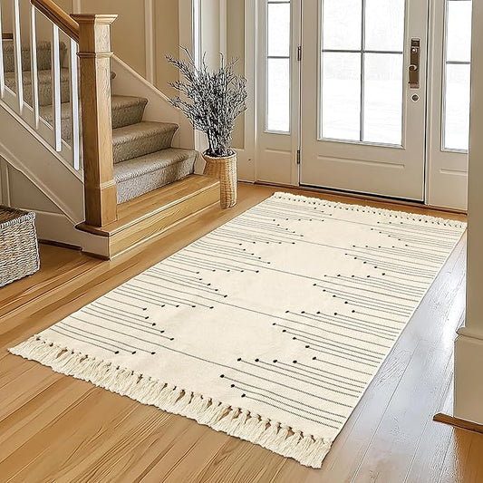 Tritard Boho Area Rug 3x5 - Woven Entryway Rugs with Tassels Farmhouse Aztec Bedroom Lightweight Throw Rugs Washable Indoor Cotton Low Pile Thin Carpet for Kitchen, Bathroom, Playroom, Beige Cream
