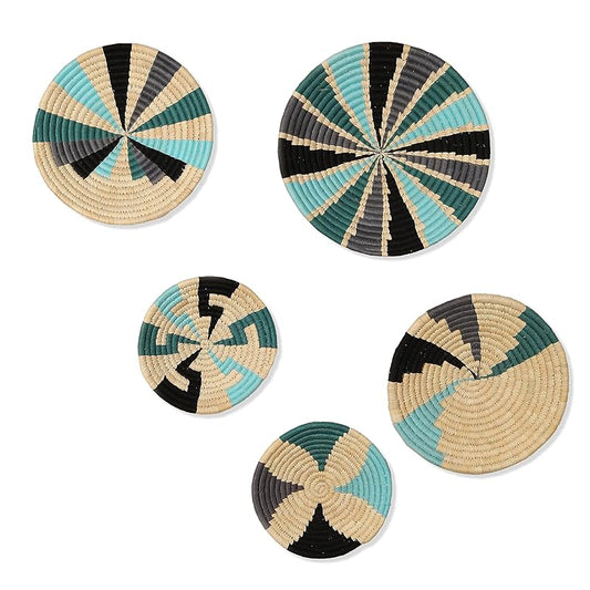 Set of 5 Round Boho Hanging Wall Basket Home Decor for Bedroom, Kitchen, Farmhouse Handmade Decorative Unique Indian Wall Decor Woven Wicker Baskets Christmas Gifting (Green Blue, Vivid)