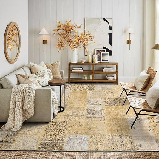 Area Rug 6x9 for Living Room, Neutral Tribal Geometric Aztec Floral Botanical Washable Vintage Rustic Earth Tone Farmhouse Boho Rugs for Bedroom Dining Room,Light Tan Beige and Brown Yellow