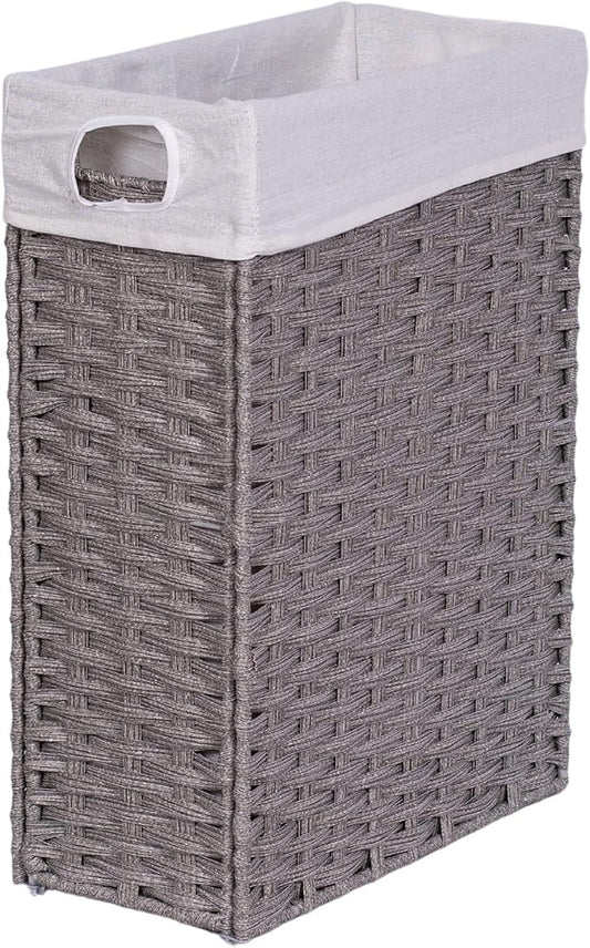 BIRDROCK HOME 22" Laundry Hamper with Removable Liner Bag - Handwoven PE Rattan Clothes Basket - Compact & Collapsible Laundry Storage for Bedroom & Bathroom - Perfect for Small Spaces - Slim, Grey
