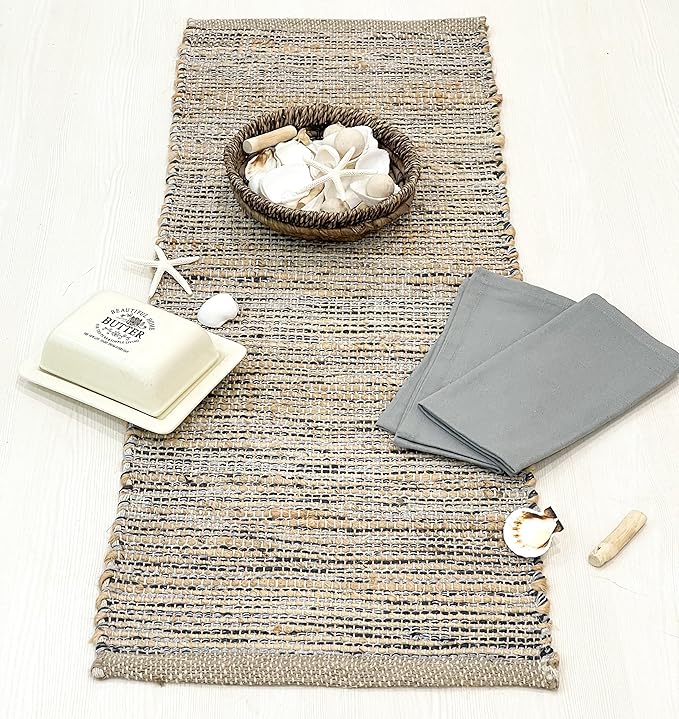 Chardin home Natural Jute Table Runner 13x48 Inch – Vintage Boho Rustic Table Decor – Handwoven Jute Table Runner in Natural and Grey – Farmhouse Dining or Console Table Accent
