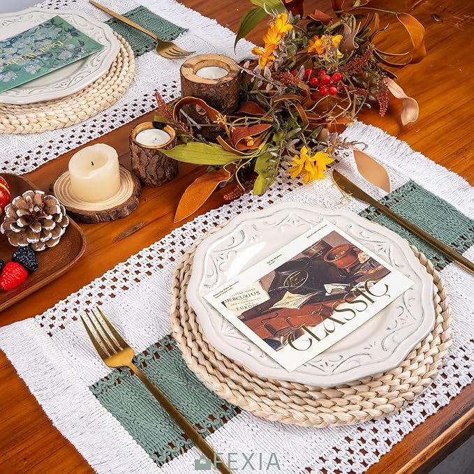 FEXIA Sage Green Boho Placemats Set of 6, Macrame Table Decor and Farmhouse Style Placemats Natural Cotton Burlap, for Dining Table