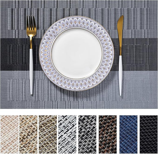 LEXMORE Placemats Set of 4 Vinyl/Plastic Woven Place Mats for Kitchen Table Indoor/Outdoor Washable Placemat Wipeable Dining Table Mats(Silver Gray Black)