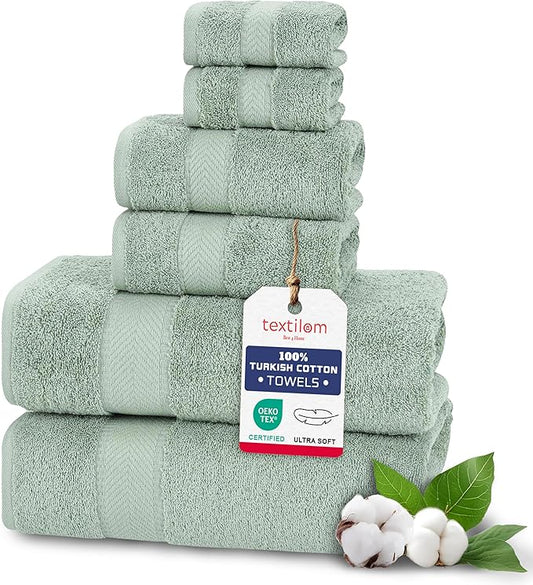 TEXTILOM 6 Pcs Bath Towel Set – Hotel and Spa Quality & Soft & Absorbent & Quick Dry Bath Towels for Bathroom –100% Turkish Cotton Bathroom Towels Set (2 BathTowels,2 Hand Towels,2 Washcloths)-Green