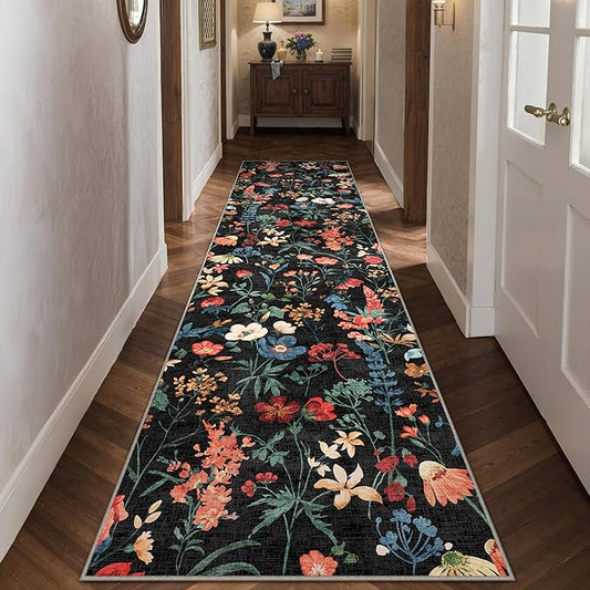 Floral Runner Rug 2x12 Washable Hallway Long Black Bedroom Carpet Non Slip Indoor Boho Kitchen Low Pile Accent Rug Lightweight Soft for Bathroom Dining Laundry Living Room