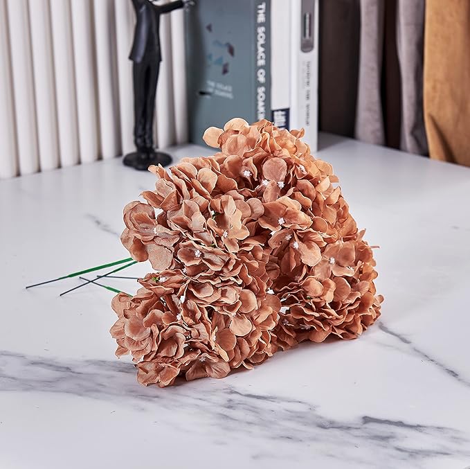 Artificial Hydrangea Flower Toffee Hydrangea Silk Flowers Head for Wedding Centerpieces Bouquets DIY Floral Decor Home Decoration,Pack of 10pcs