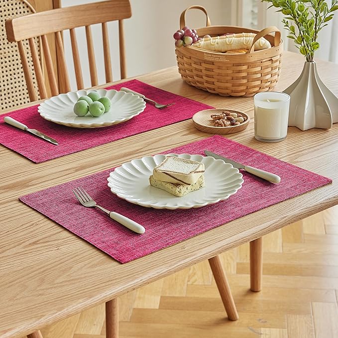 Softalker Faux Linen Placemats Set of 8-12 x 18 Inch, Heat Resistant Double Layered Durable Burlap Farmhouse Place Mats, Non-Slip Washable Rustic Table Mats for Dining, Kitchen, Party（Pink