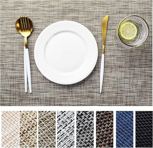LEXMORE PVC Woven Placemats 12 PCS Wipeable Indoor/Outdoor Table Mats Washable Vinyl Place Mats for Dining Table, Set of 12-Cappuccino
