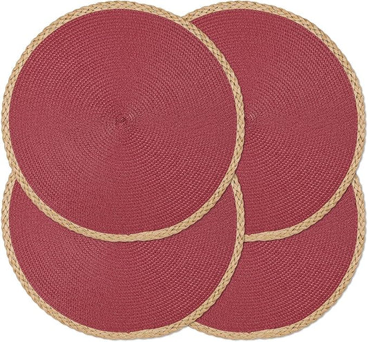 Noctiflorous Round Braided Placemats Set of 4 Table Mats 15 Inches Washable Heat Resistant for Dining Table Non-Slip Indoor Outdoor Place Mats for Thanksgiving Christmas Easter(Red Thin Edge 4)