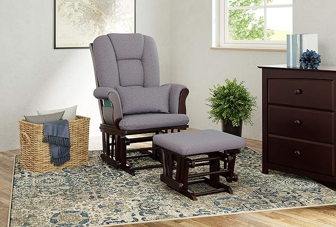 Storkcraft Tuscany Custom Glider and Ottoman with Free Lumbar Pillow (Espresso/Slate Gray Swirl) - Cleanable Upholstered Comfort Rocking Nursery Chair with Ottoman