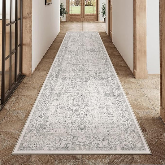 Gray Runner Rug 2x10 Hallway Machine Washable Kitchen Vintage Distressed Non Slip Long Carpet Indoor Grey Retro Floral Bedroom Accent Throw Rug for Bathroom Office Laundry Dining Living Room