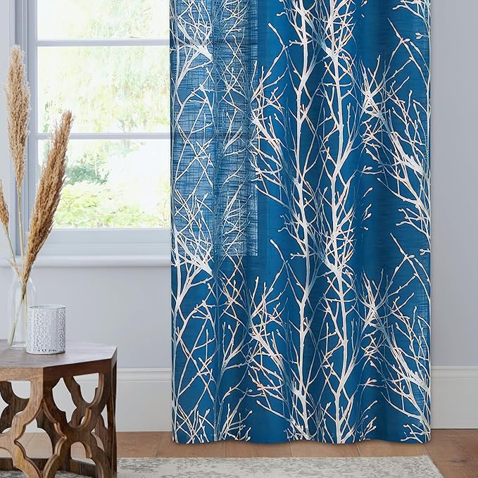 FMFUNCTEX Linen Semi Sheer Curtains for Bedroom, Silver Foil Curtains 84 Inches Long for Living Room, Silver Metallic Print Navy Blue Tree Panel for Windows, Light Filtering Curtains Grommet 2 Panels