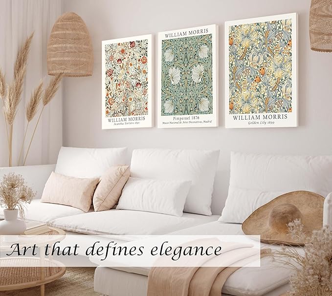 Induslyfe Large Framed Flower Wall Art Canvas Decor Set of 3, William Morris Wall Art Framed Prints Mid Century Modern Art, Aesthetic Floral Botanical wall art for bedroom living room bathroom 18x24