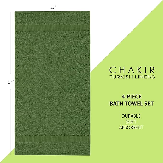 Chakir Turkish Linens | Hotel & Spa Quality 100% Cotton Premium Turkish Towels | Soft & Absorbent (4-Piece Bath Towels, Moss)