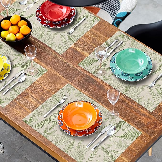 Green Plants Wild Fern Table Mats for Kitchen Set of 4,Green Leaves Botanical Washable Heat-Resistant Linen Fabric Desk Mats 12x18 Inch for Seasonal Home Party Dining Decor