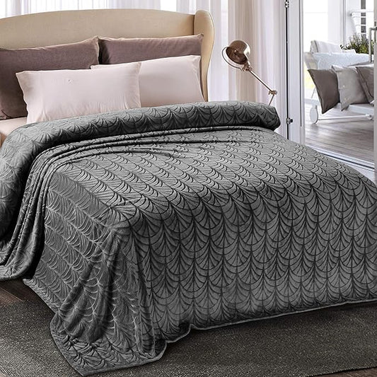 Whale Flotilla Flannel Fleece Twin Size Blanket for Bed, Soft Fluffy Velvet Bedspread Coverlet with Decorative Vintage Pattern for All Season, Warm and Lightweight, 90x66 Inch, Dark Grey